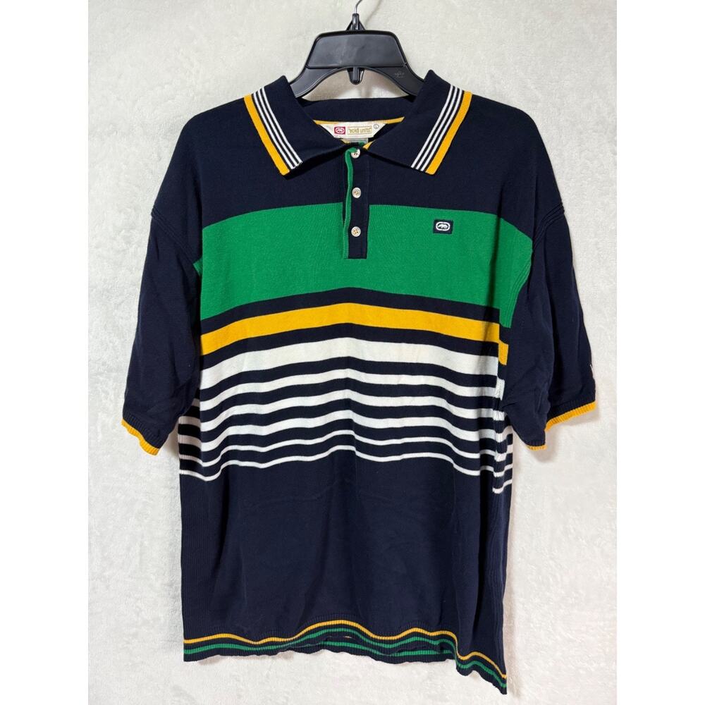 Ecko Unltd Striped Navy Polo Sweater Kool Embroidered Size L